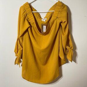 ee:some Sz L Off Shouler Tie Sleeve Mustard Yellow Women's Top